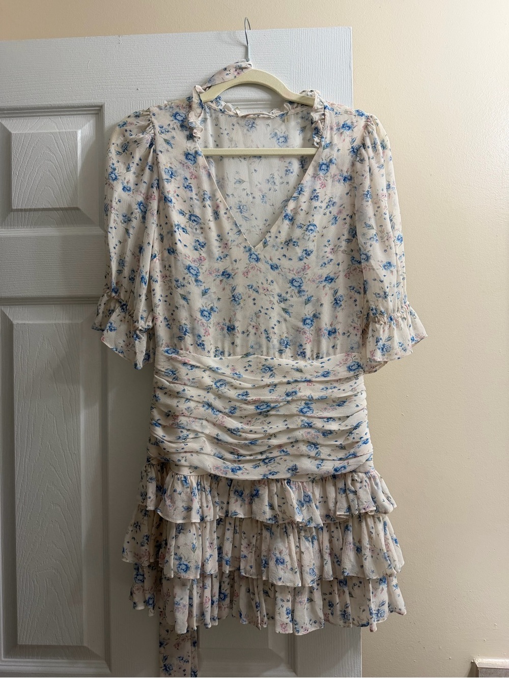 Floral Ruffle V-Neck Women's Dress - Cream with Blue Floral